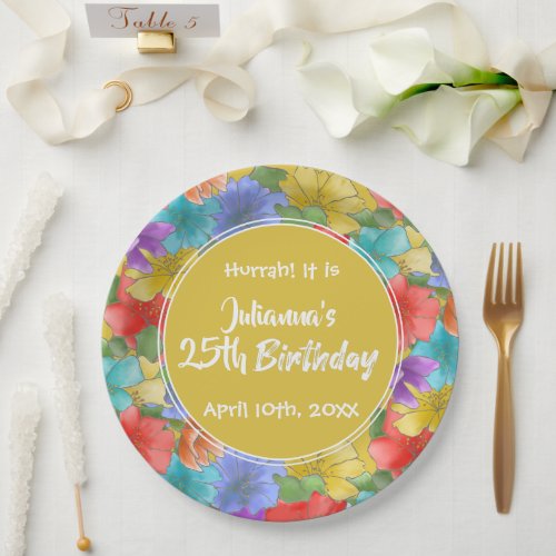 Modern Yellow Watercolor Floral 25th Birthday Paper Plates