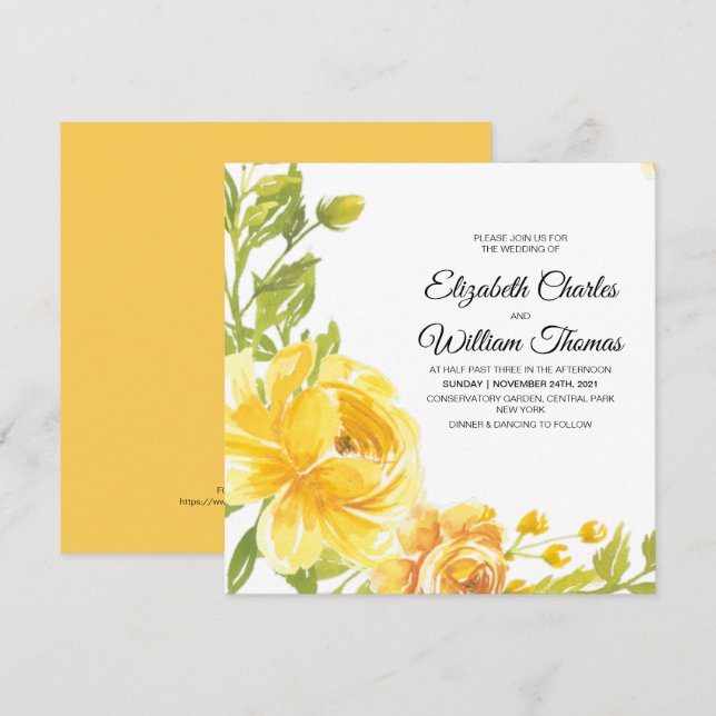 Modern Yellow Watercolor Flowers Wedding Invitation (Front/Back)
