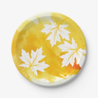 Modern yellow watercolor splash and maple leaves paper plate