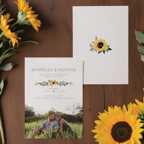 Modern Yellow Watercolor Sunflowers Photo Wedding Invitation