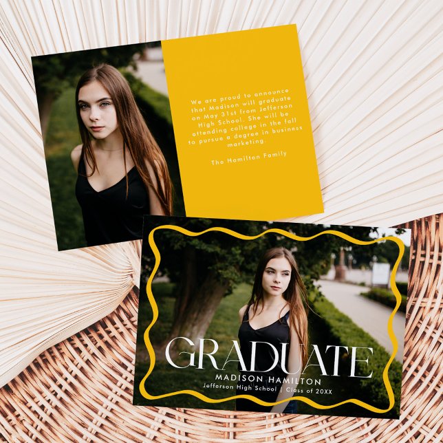 Modern Yellow Wavy Frame Graduate Photo Graduation Announcement (Creator Uploaded)
