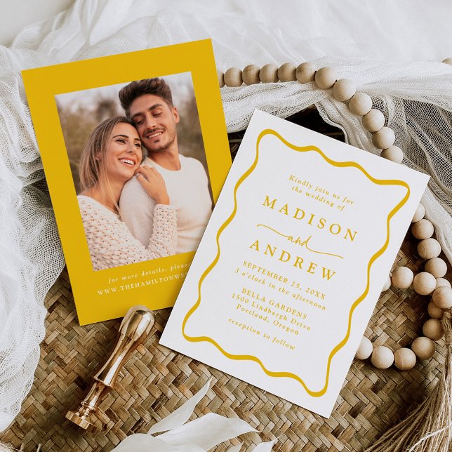 Modern Yellow Wavy Frame Photo Wedding Invitation (Creator Uploaded)