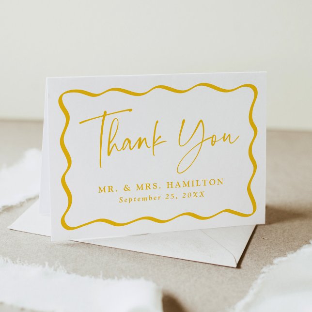 Modern Yellow Wavy Frame Photo Wedding Thank You Card (Creator Uploaded)