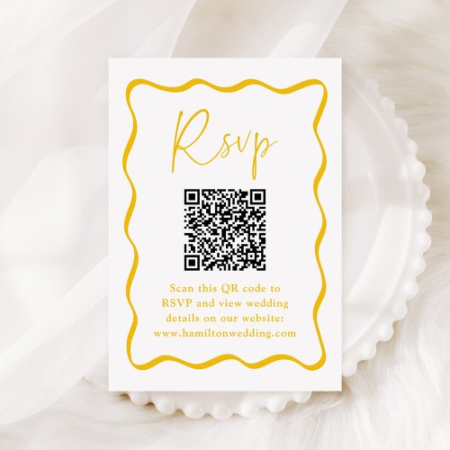 Modern Yellow Wavy Frame QR Code Wedding RSVP Enclosure Card