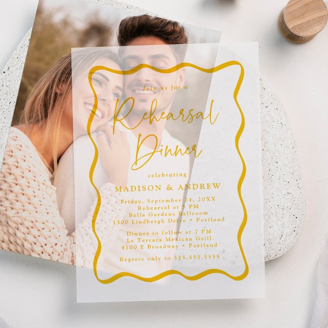Modern Yellow Wavy Frame Rehearsal Dinner Vellum Invitations (Creator Uploaded)