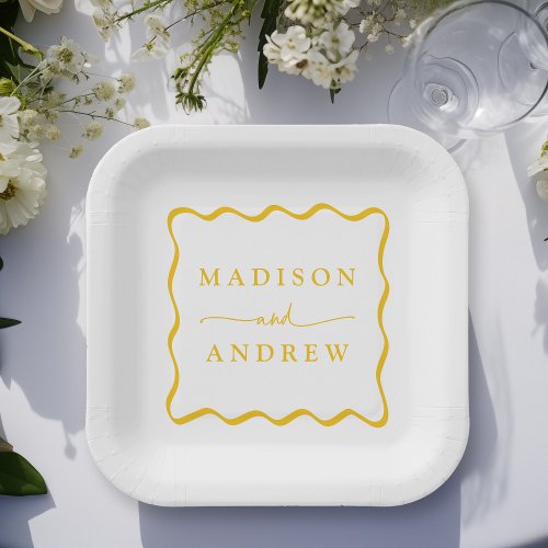 Modern Yellow Wavy Frame Wedding Paper Plates