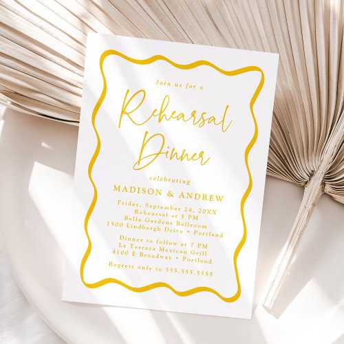 Modern Yellow Wavy Frame Wedding Rehearsal Dinner Invitation
