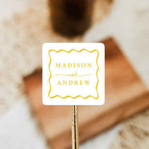 Modern Yellow Wavy Frame Wedding Square Sticker