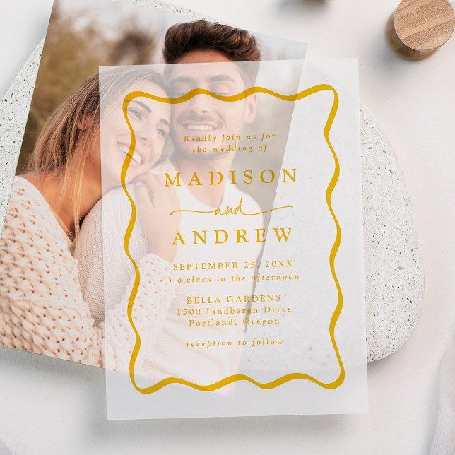 Modern Yellow Wavy Frame Wedding Vellum Invitations (Creator Uploaded)