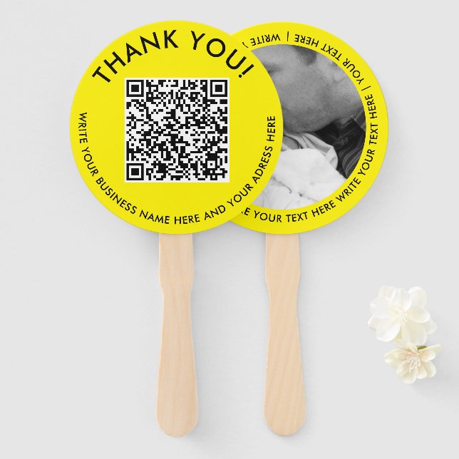 Modern Yellow Web QR Code Digital Scannable Photo Hand Fan (Front and Back)