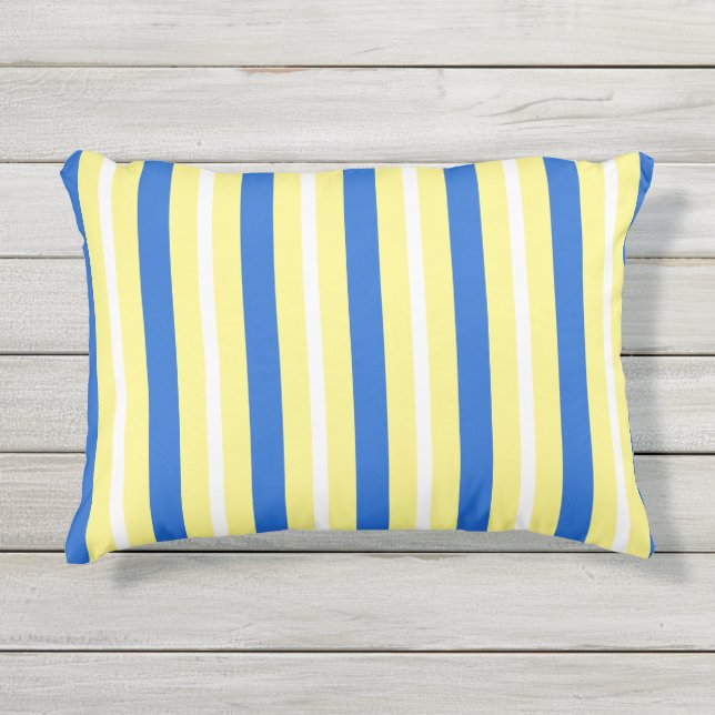 Modern Yellow White and Blue Bold Striped Outdoor Pillow (Front)