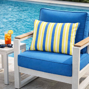 Modern Yellow White and Blue Bold Striped Outdoor Pillow