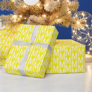 Modern yellow white custom monogram pattern gift wrapping paper