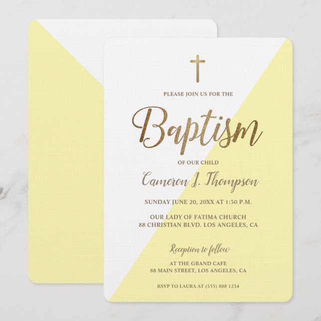 Modern Yellow White Gold Baptism baby Invitation (Front/Back)