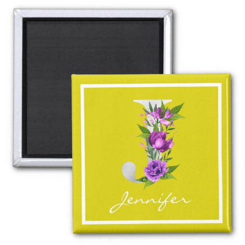 Modern Yellow White Metallic Floral J Monogram  Magnet