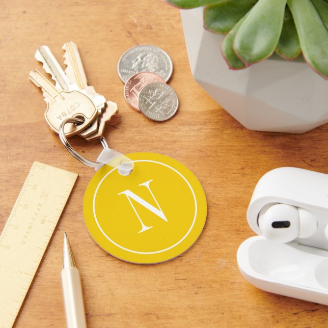 Modern yellow &white monogram initial keychain (Desk)