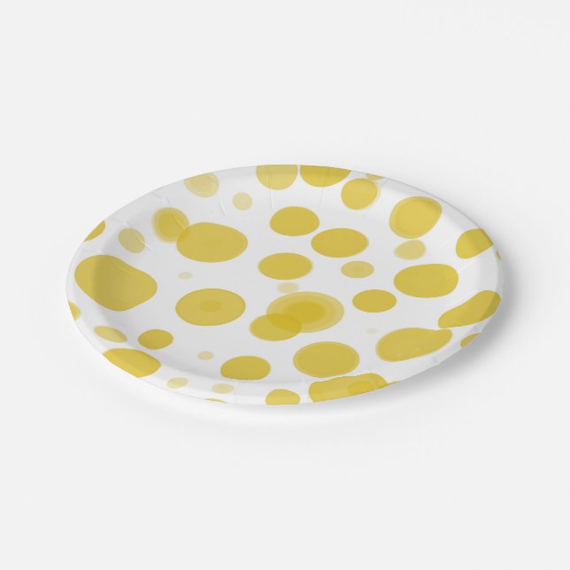 Modern Yellow & White Polka Dot Bubbles Party Paper Plates (Angled)