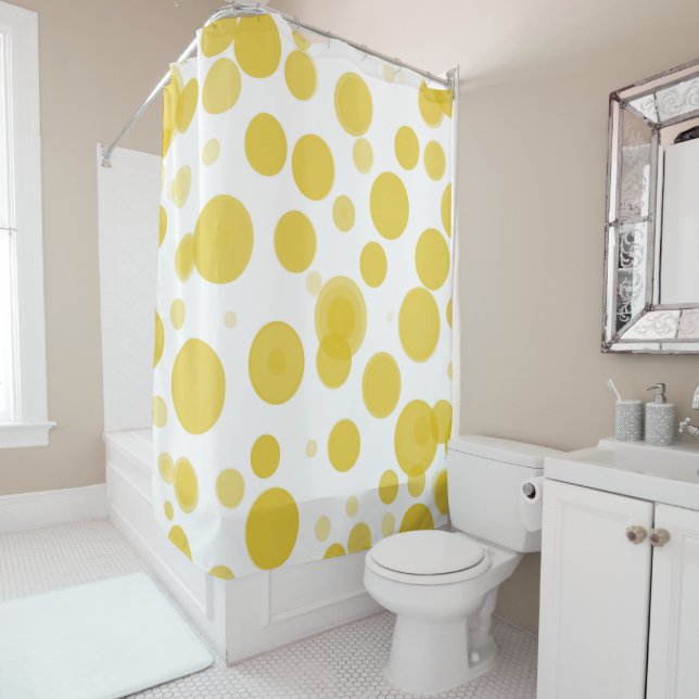 Modern Yellow & White Polka Dot Bubbles Party Shower Curtain (In Situ)