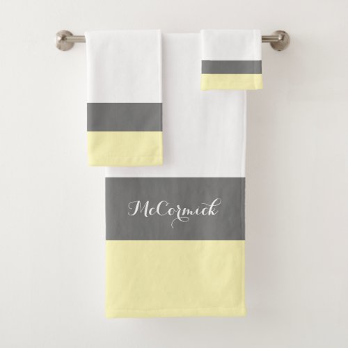Modern Yellow White Script Monogram Name  Bath Towel Set