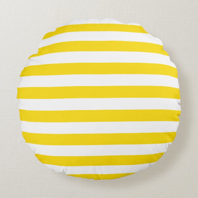 Modern Yellow White Striped Cute Template Cotton Round Pillow (Front)