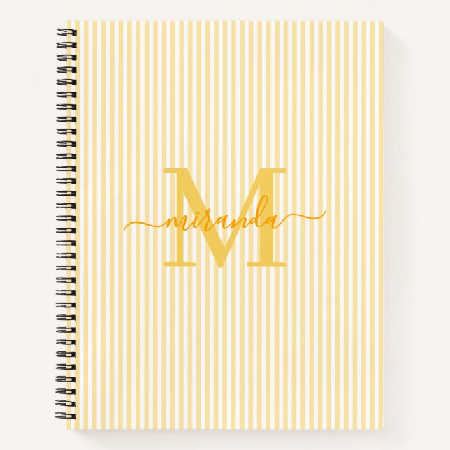 Modern Yellow & White Stripes Monogram Name Notebook (Front)