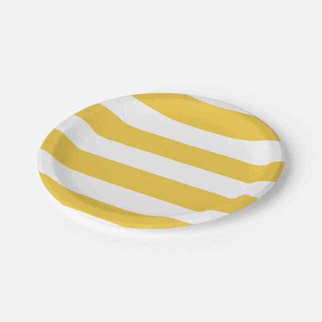 Modern Yellow White Stripes Pattern Paper Plates (Angled)