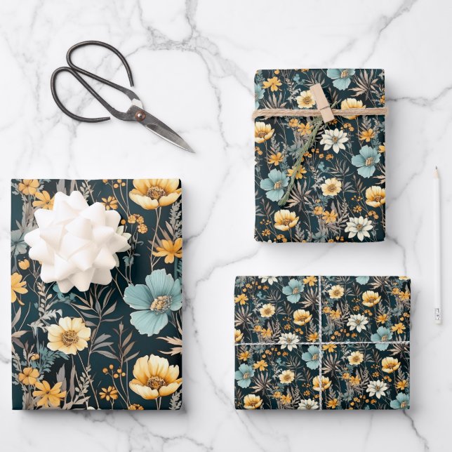 Modern Yellow Wildflowers Wrapping Paper Sheets (Front)