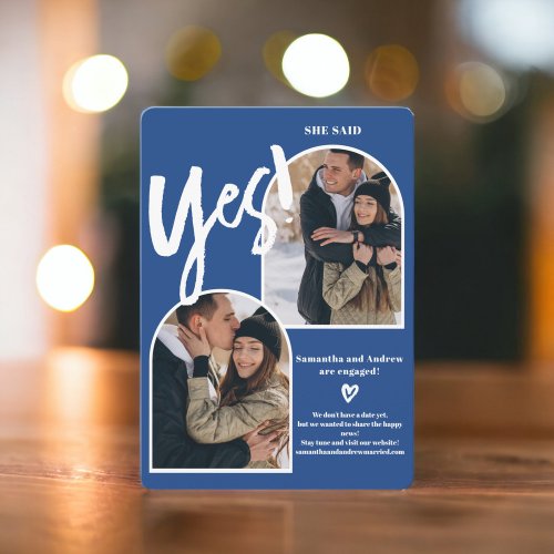 Modern yes 2 photos arch blue engagement announcement