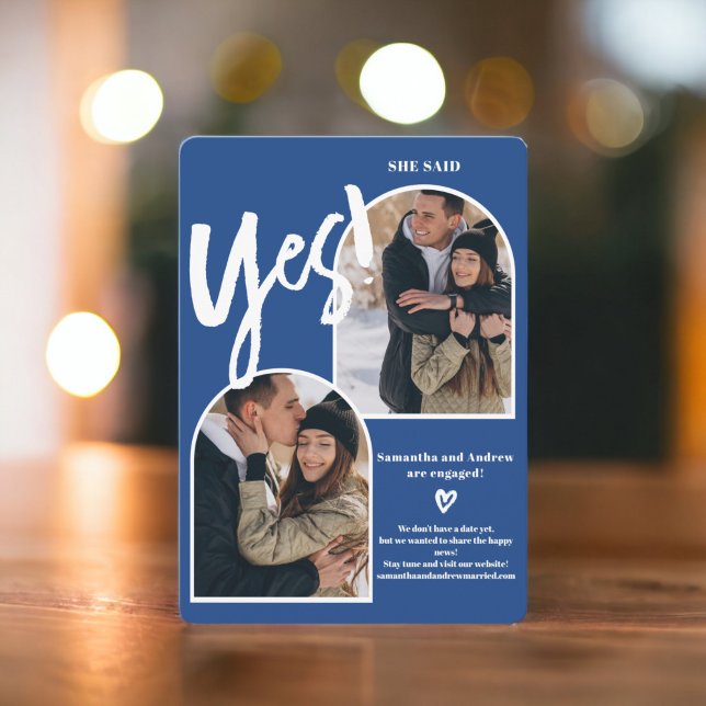 Modern yes 2 photos arch blue engagement announcement (Modern yes 2 photos arch blue engagement announcement)