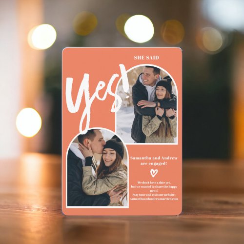 Modern yes 2 photos arch coral orange engagement announcement