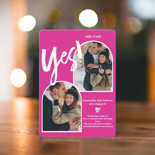 Modern yes 2 photos arch hot pink engagement announcement