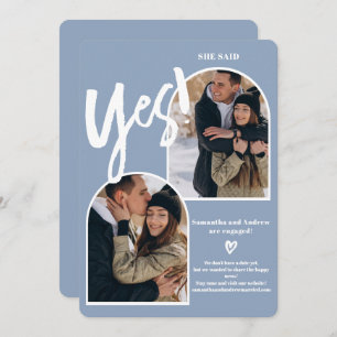 Modern yes 2 photos arch periwinkle engagement announcement