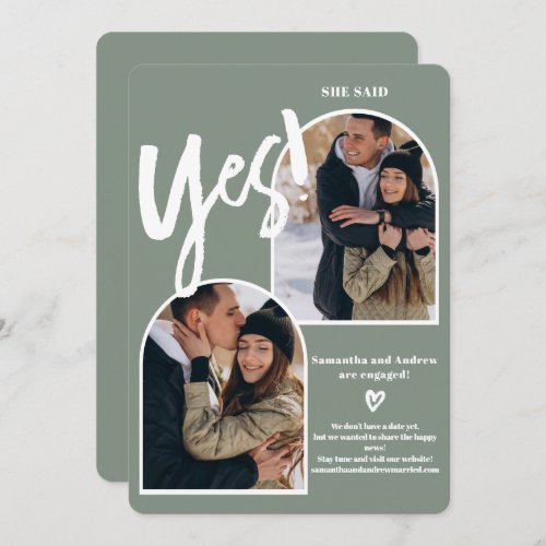 Modern yes 2 photos arch sage green engagement announcement