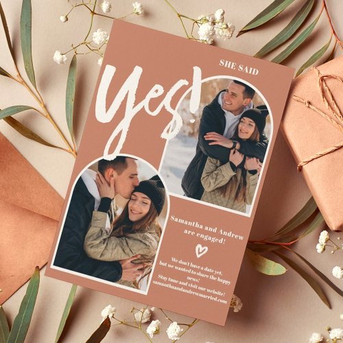 Modern yes 2 photos arch terracotta engagement announcement