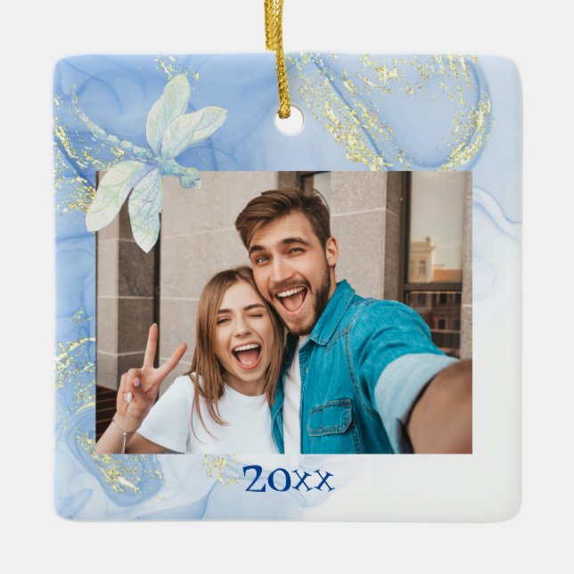 Modern yet Elegant Blue Gold Swirl Dragonfly Ceramic Ornament (Front)