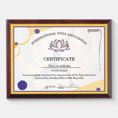 Modern Yoga Certificate Award Plaque