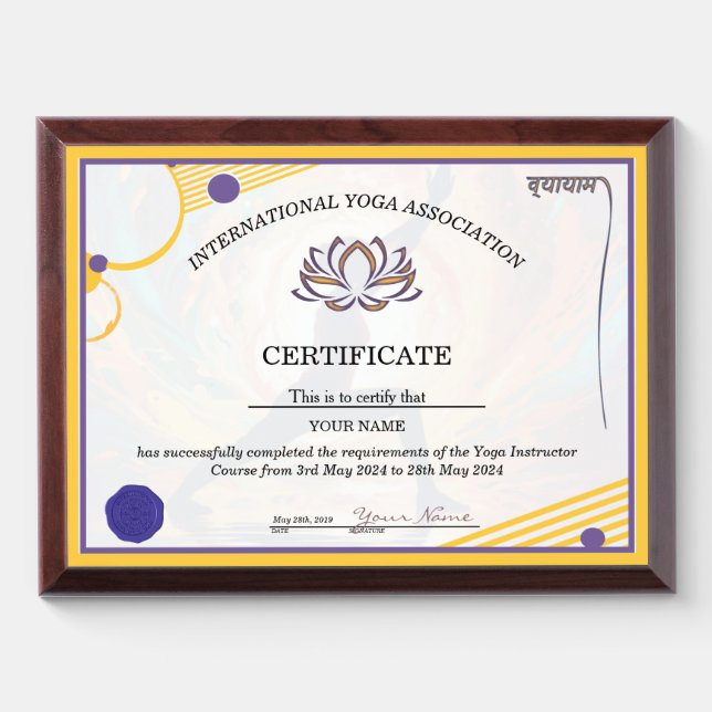 Modern Yoga Certificate Award Plaque (Horizontal)