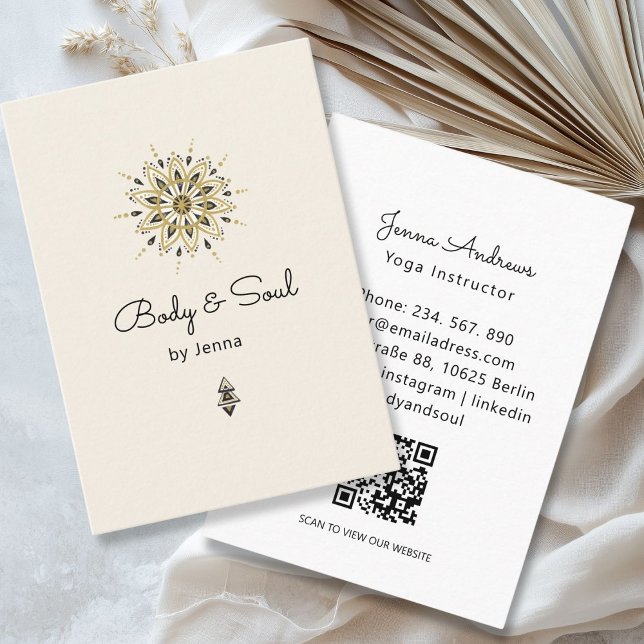 Modern Yoga Massage Wellness QR Code Business Card (Modern Yoga Massage Wellness QR Code Beige Business Card)