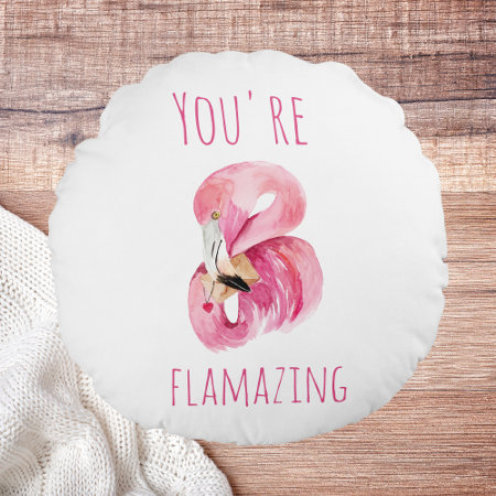 Modern You Are Flamazing Beauty Pink Flamingo Round Pillow
