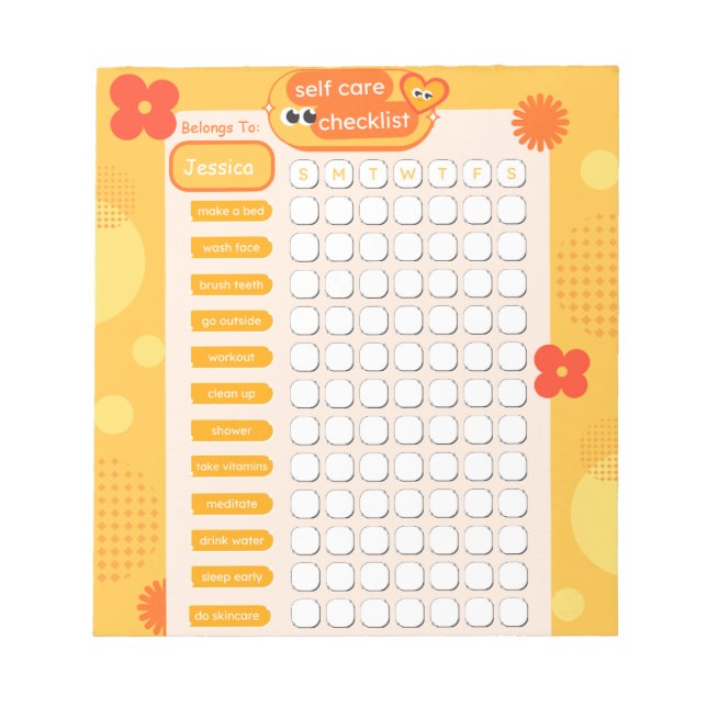 Modern Young Orange Self Care Check List Notepad (Front)