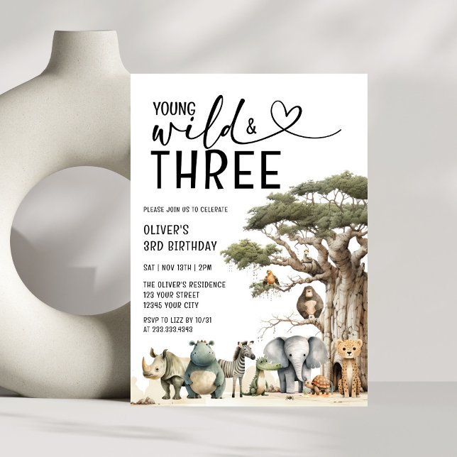 Modern Young Wild and Three Safari 3rd Birthday Invitation (Creator Uploaded)