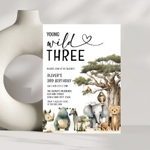 Modern Young Wild and Three Safari 3rd Birthday Invitation