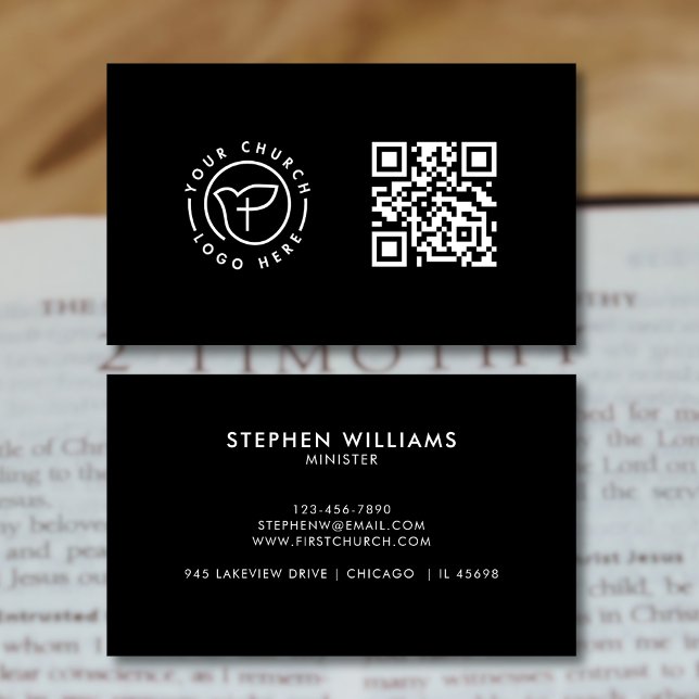 Modern Your Church Logo QR Code Black and White Business Card (Creator Uploaded)