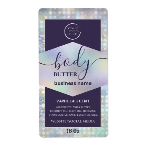 Modern your logo holographic script body butter  l label