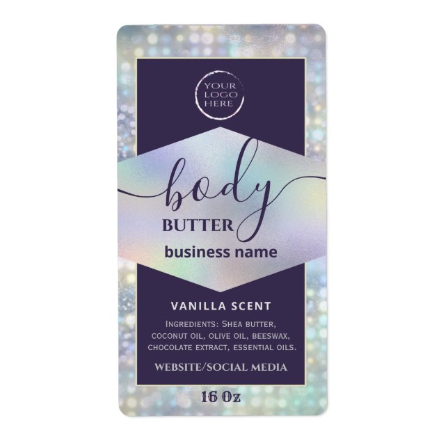 Modern your logo holographic script body butter  l label (Front)