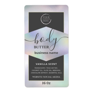 Modern your logo holographic script body butter  l label