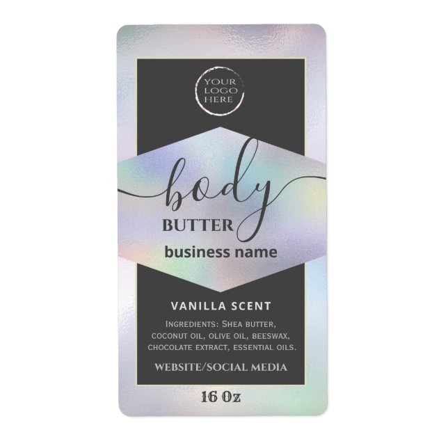 Modern your logo holographic script body butter  l label (Front)