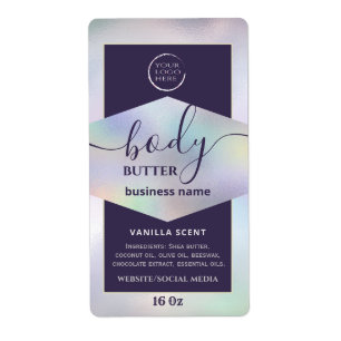 Modern your logo holographic script body butter l label