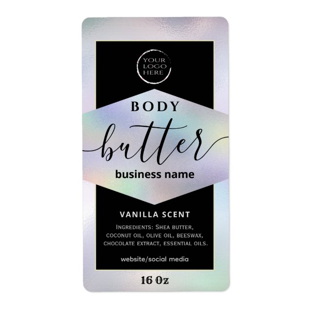 Modern your logo holographic script body butter  l label (Front)