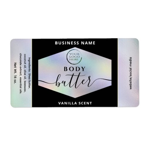 Modern your logo holographic script body butter  label